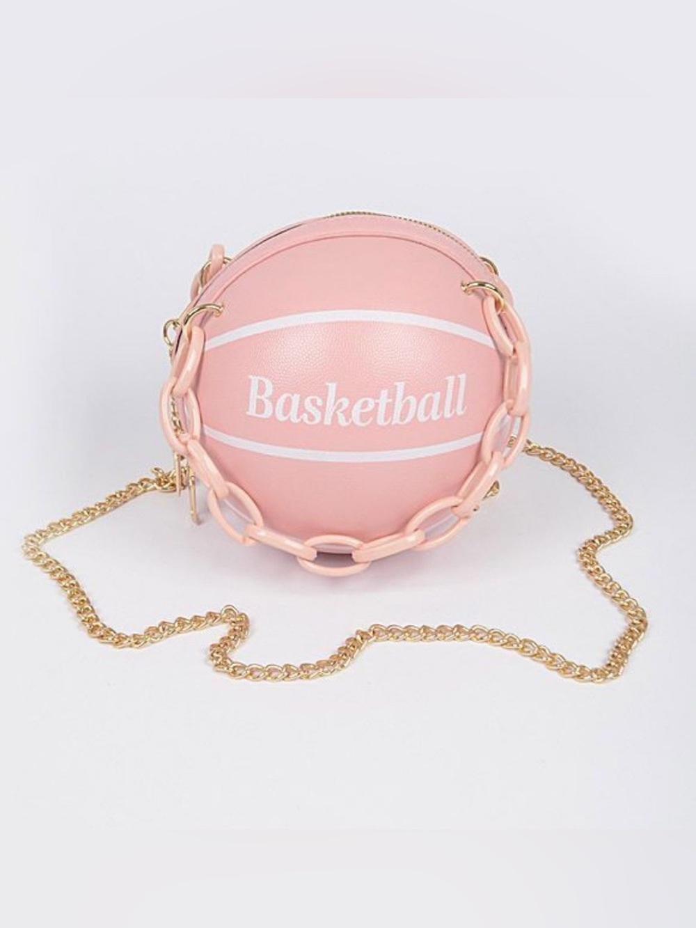 Pink basketball-shaped crossbody shoulder bag with a gold chain strap Medium